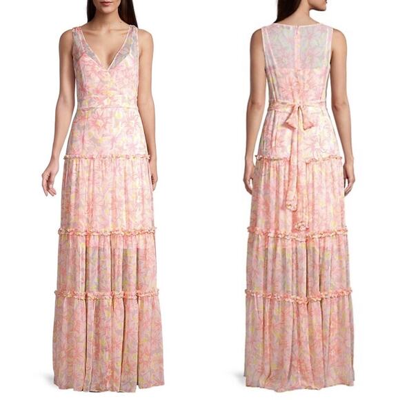 LIKELY Rachel Tiered Long Maxi Dress Gown Peach Multi - Picture 2 of 8